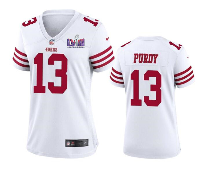 Women's San Francisco 49ers #13 Brock Purdy White Super Bowl LVIII Patch Stitched Jersey(Run Small)